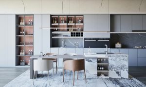 modern kitchen with dining area and marble accents