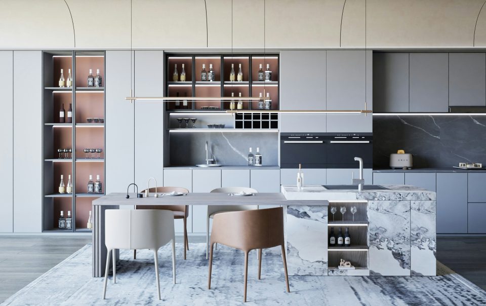 modern kitchen with dining area and marble accents