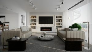 contemporary living room with fireplace