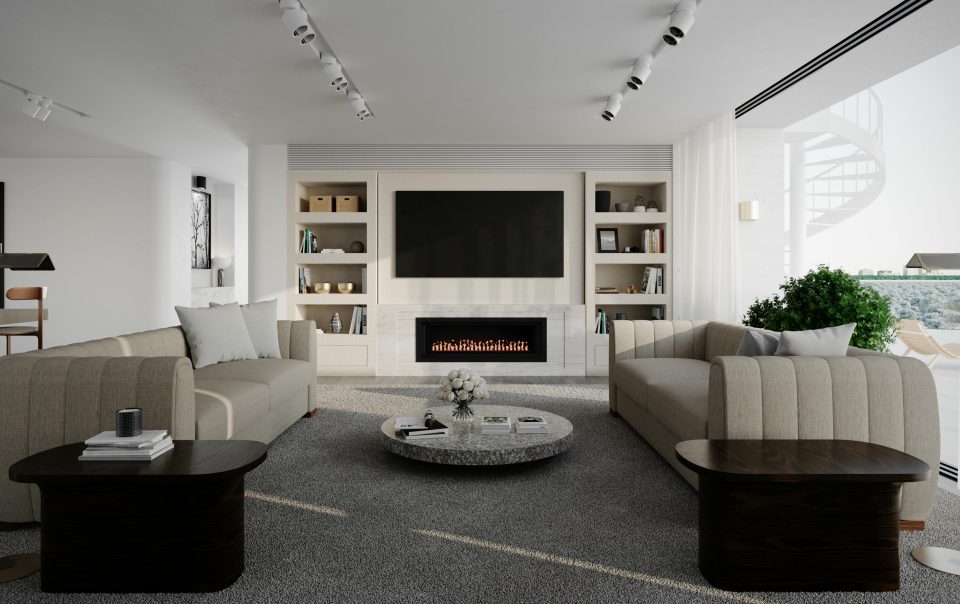 contemporary living room with fireplace