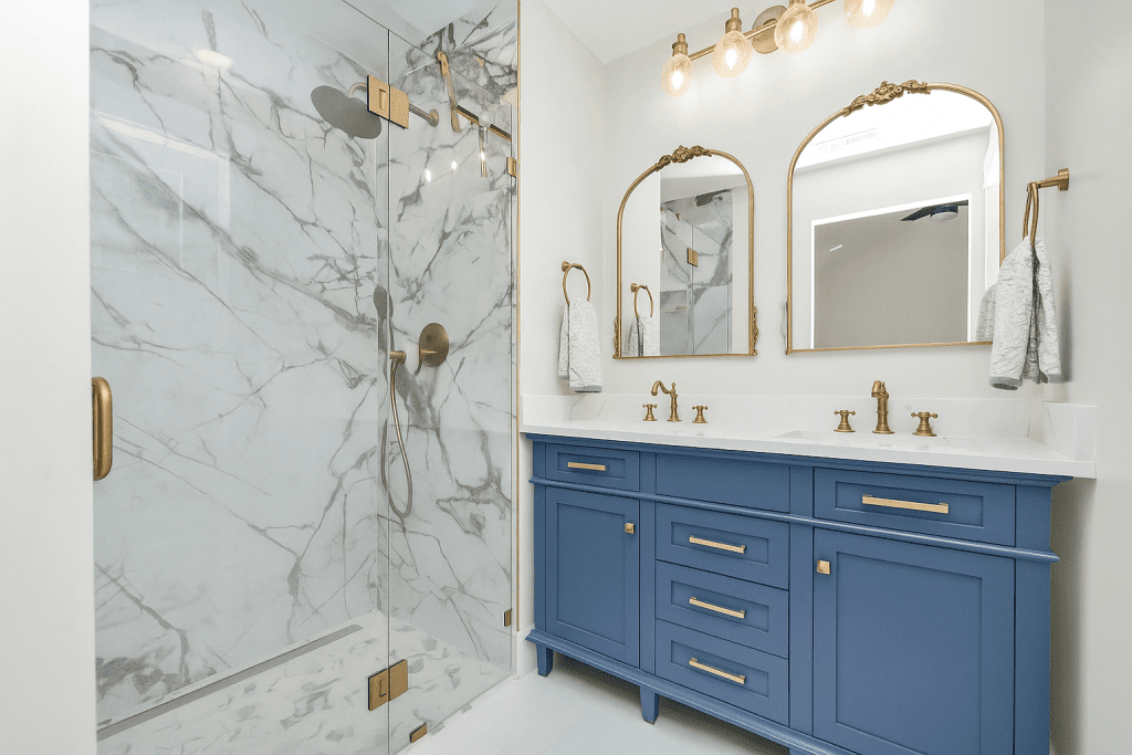 bathroom with blue vanity and ceiling