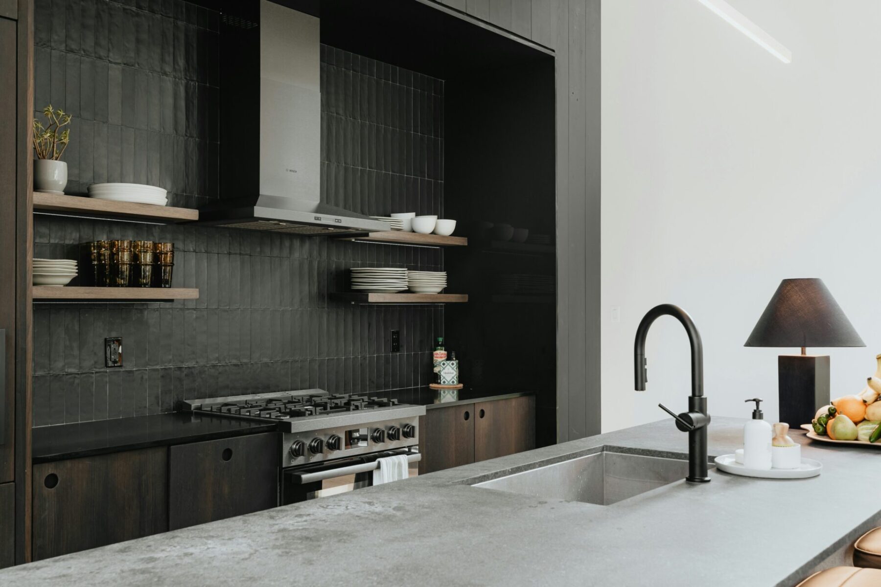 contemporary minimalist kitchen with dark cabinetry