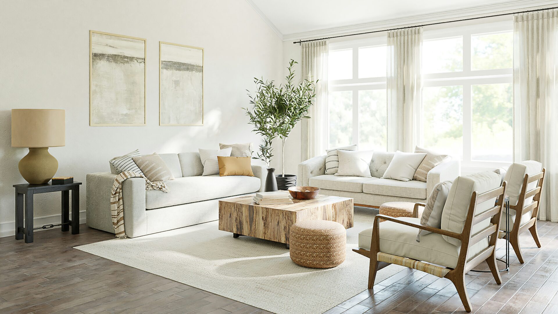 living room with a large window and taupe furniture