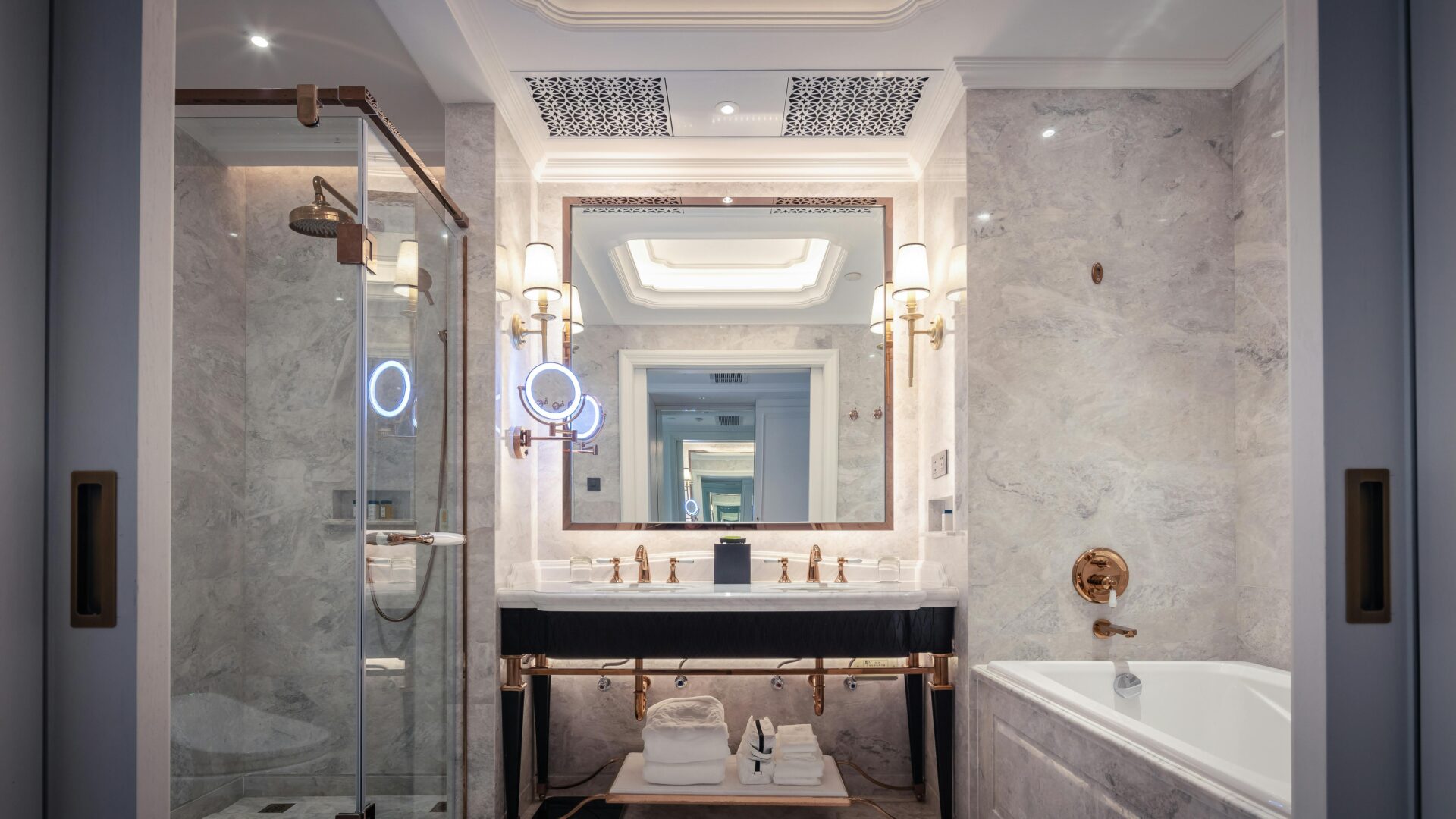luxury bathroom with stone walls