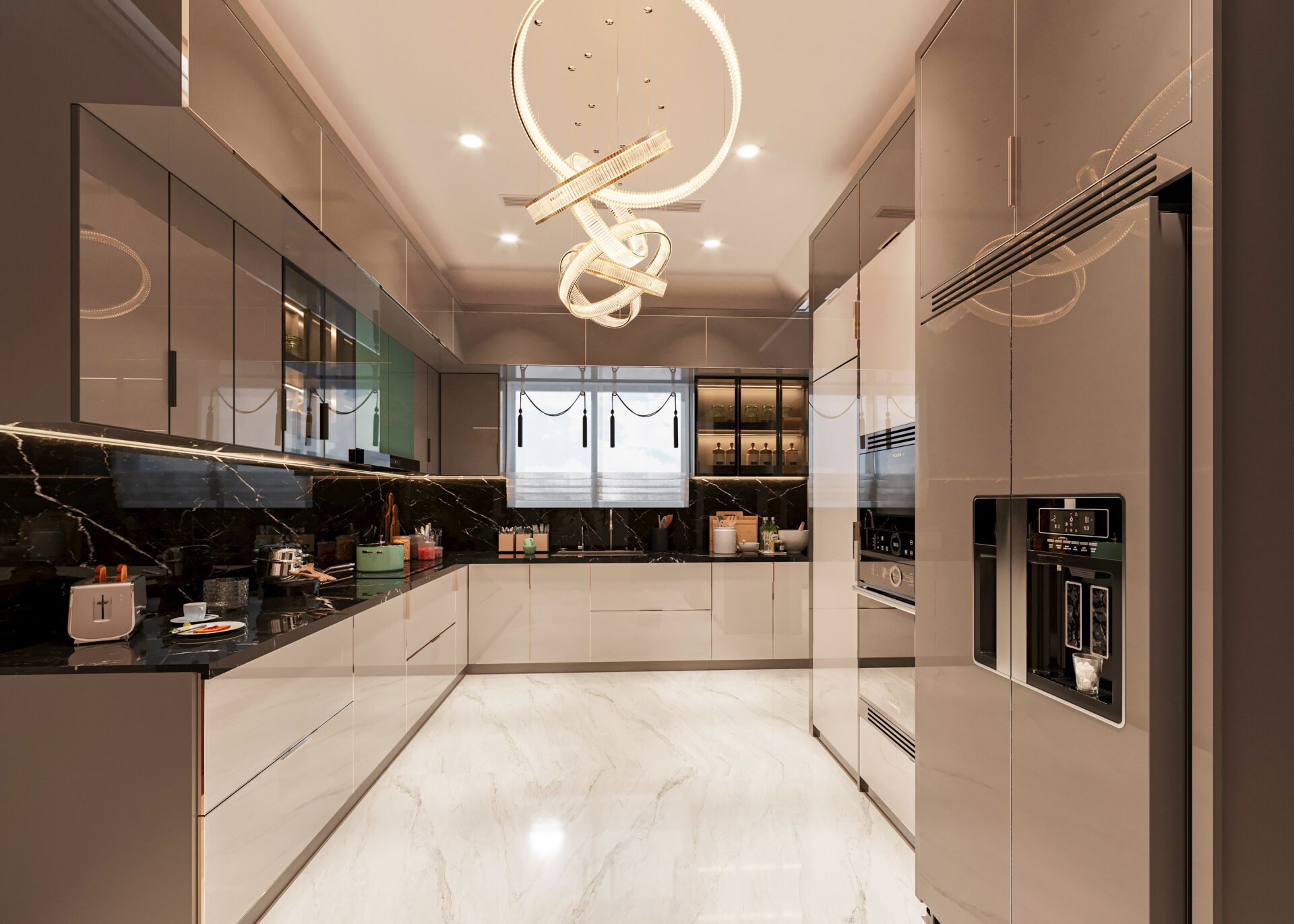 A luxury kitchen with marble floors and statement lighting