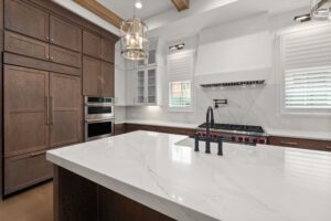 A modern kitchen with wooden cabinets